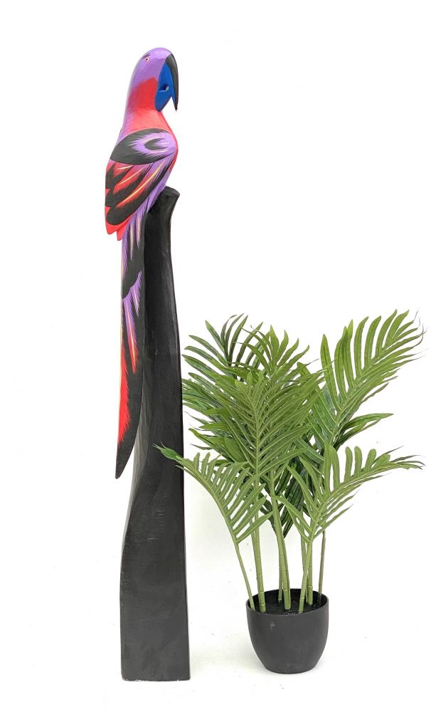 DanDiBo Deko Figur Papagei Nr.38 Vogel aus Holz Skulptur Violett Rot 100 cm Holzvogel Handgeschnitzt Stehend Tierfigur Schnitzskulptur