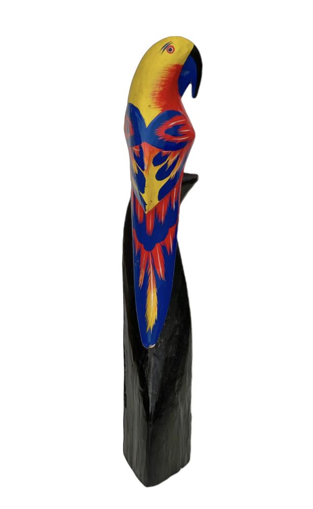 DanDiBo Deko Figur Papagei Nr.54 Vogel aus Holz Skulptur Gelb Rot 50 cm Holzvogel Handgeschnitzt Stehend Tierfigur Schnitzskulptur