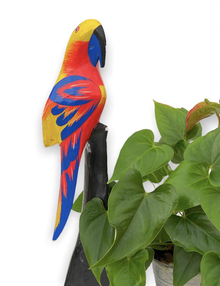 DanDiBo Deko Figur Papagei Nr.54 Vogel aus Holz Skulptur Gelb Rot 50 cm Holzvogel Handgeschnitzt Stehend Tierfigur Schnitzskulptur