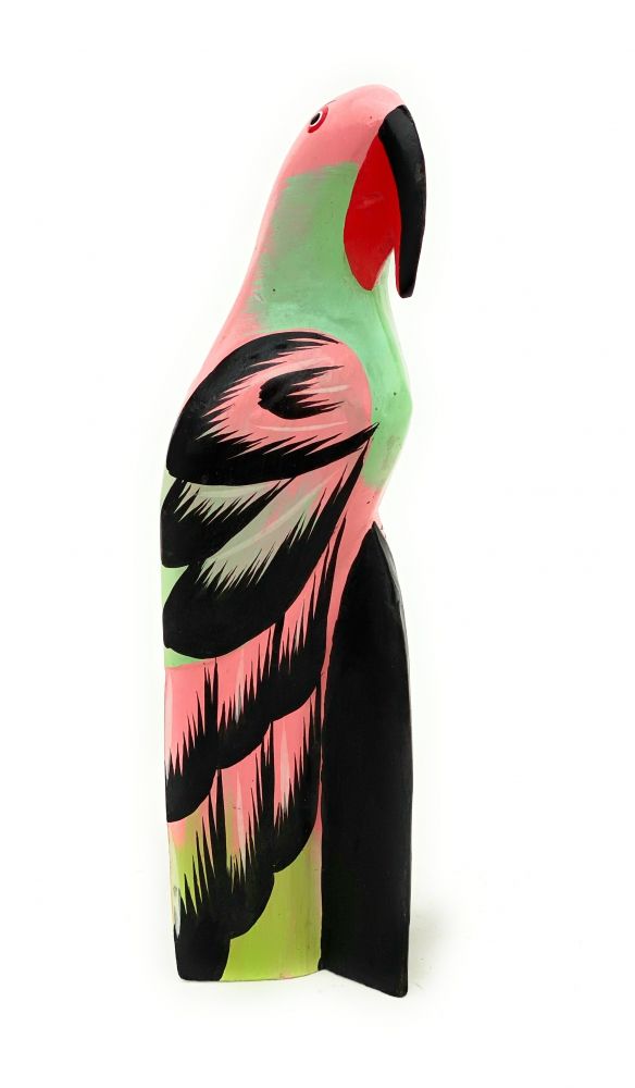 DanDiBo Deko Figur Papagei Nr.56 Vogel aus Holz Skulptur Rosa 28 cm Holzvogel Handgeschnitzt Stehend Tierfigur Schnitzskulptur