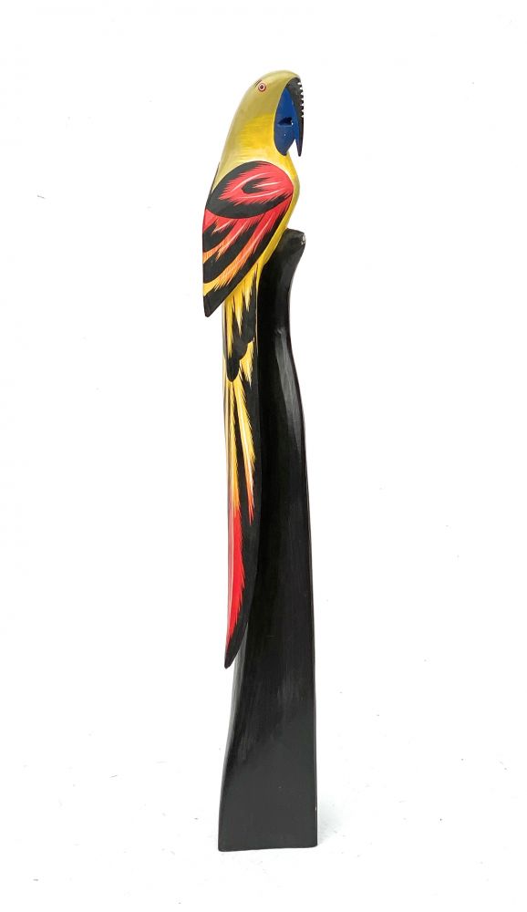DanDiBo Deko Figur Papagei Nr.8 Vogel aus Holz Skulptur Gelb Schwarz 80 cm Holzvogel Handgeschnitzt Stehend Tierfigur Schnitzskulptur