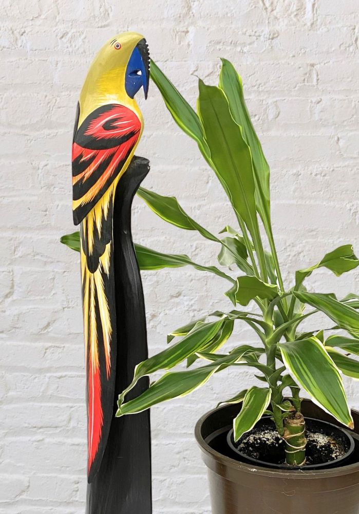 DanDiBo Deko Figur Papagei Nr.8 Vogel aus Holz Skulptur Gelb Schwarz 80 cm Holzvogel Handgeschnitzt Stehend Tierfigur Schnitzskulptur