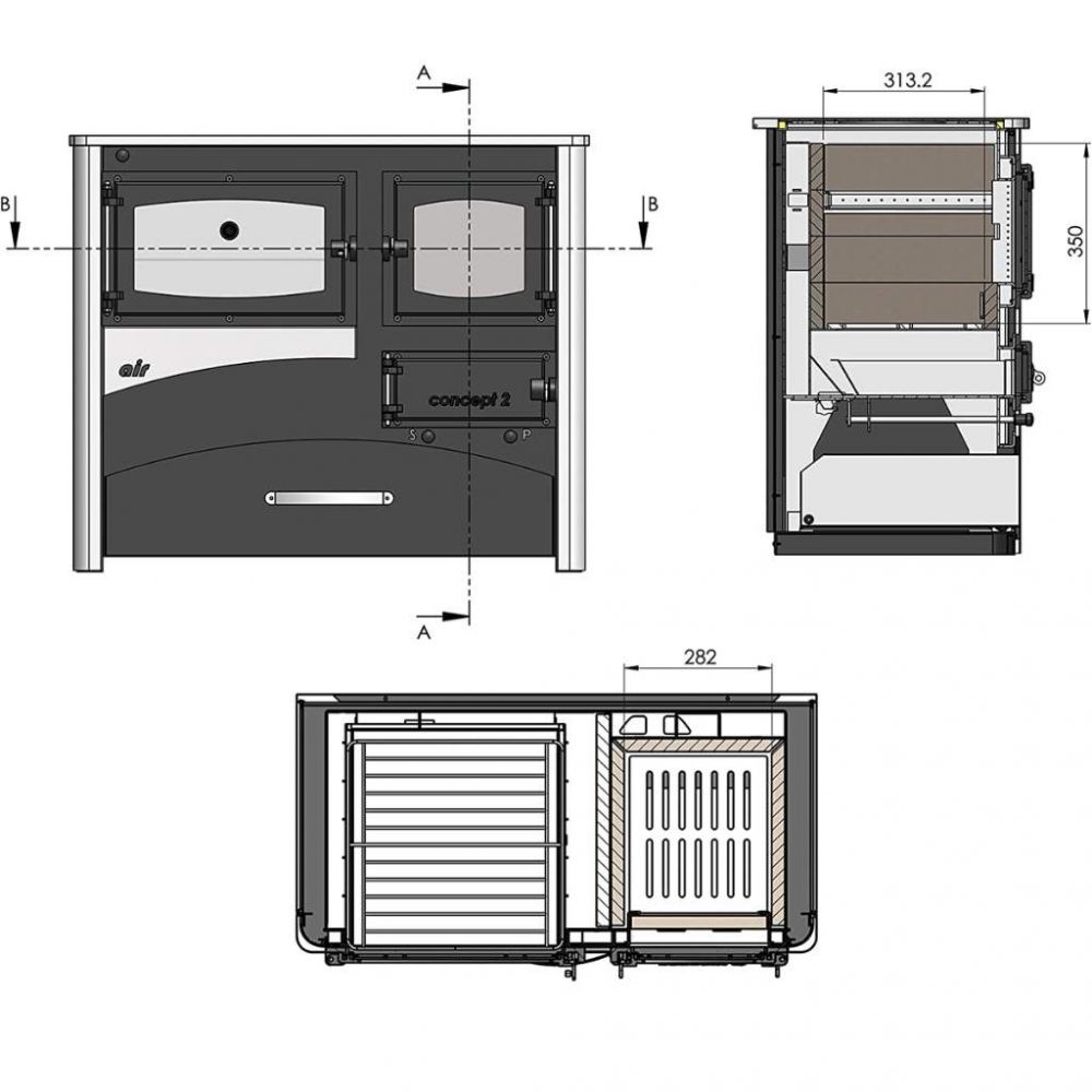 EEK A Kaminofen mit Backfach und Herdplatte ABC Concept 2 Air Links Mehrfachbelegung Holzofen 11,6 kW Kamin Ofen Holz Werkstattofen Schwedenofen Hüttenofen Heizofen Holzofen