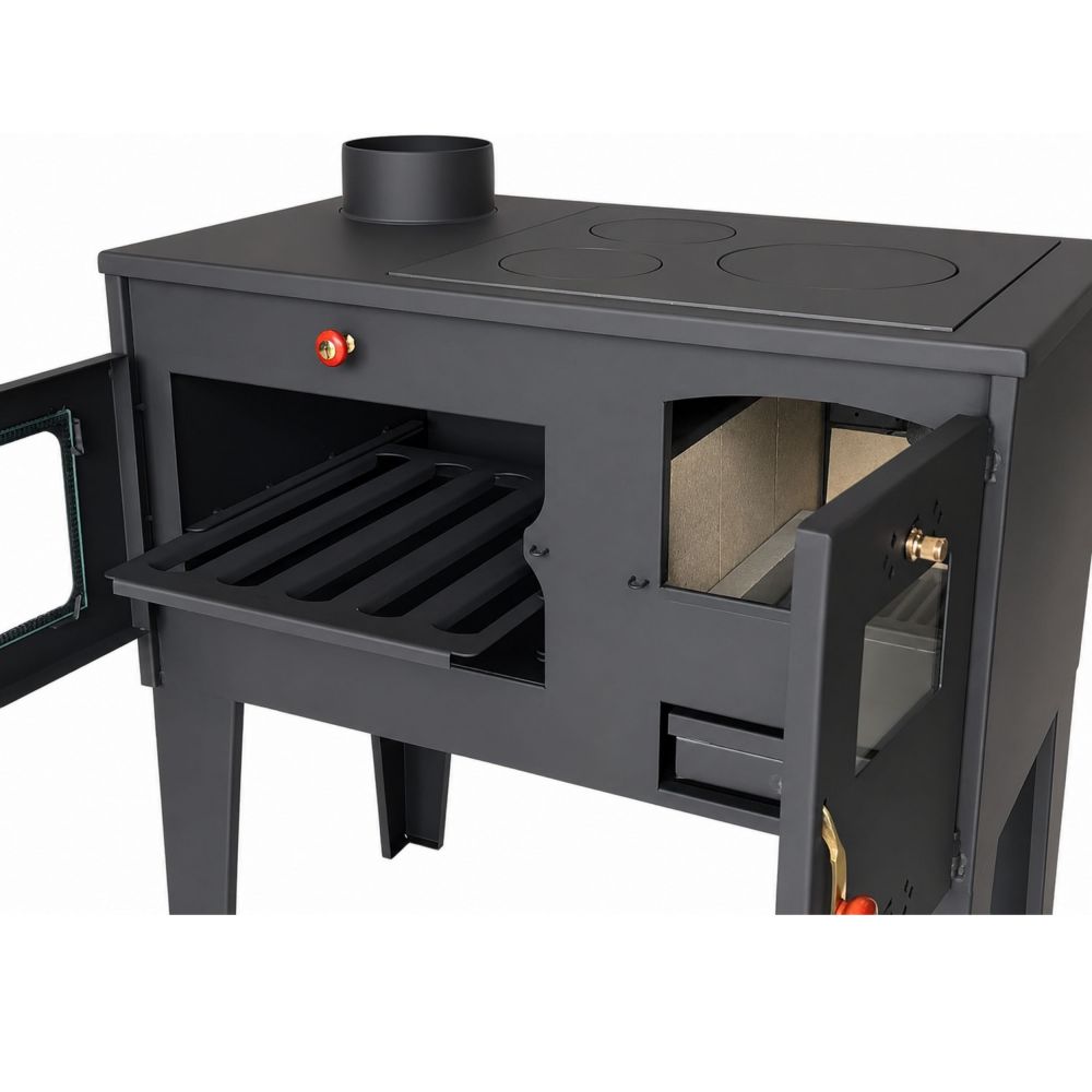 Kaminofen mit Backfach und Herdplatte Alegra 93933 6 kW Werkstattofen Kamin Mehrfachbelegung Holzofen Ofen Holz Holzherd Küchenhexe Kochplatte Küchenofen Holzkamin