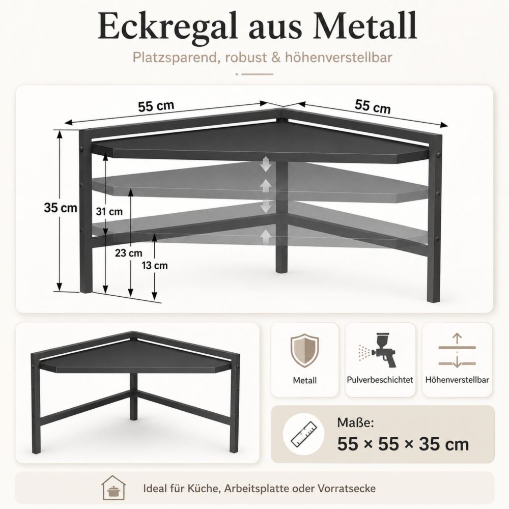 DanDiBo Eckregal Küche Küchenregal Arbeitsplatte 55x55 cm Mikrowellenregal Schwarz 2 Stufig 96736 Mikrowellen Regal Ecke