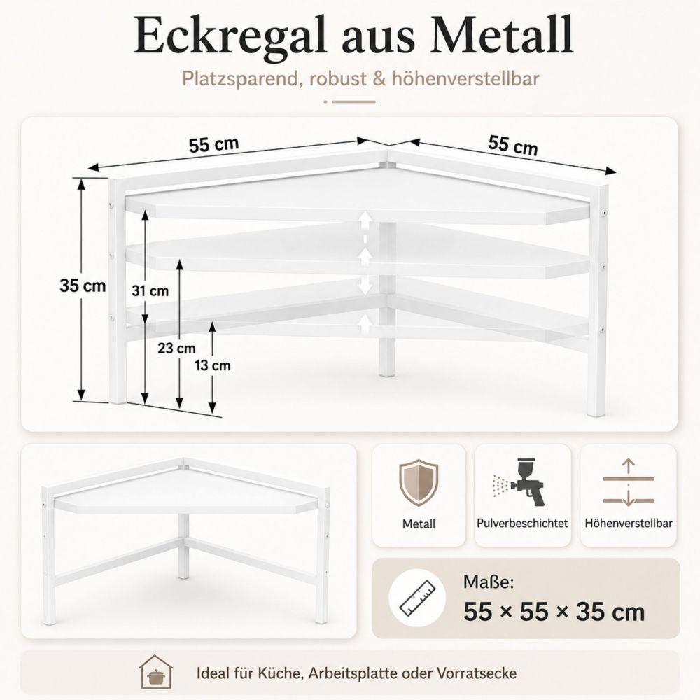 DanDiBo Eckregal Küche Küchenregal Arbeitsplatte 55x55 cm Mikrowellenregal Weiß 2 Stufig 96737 Mikrowellen Regal Ecke
