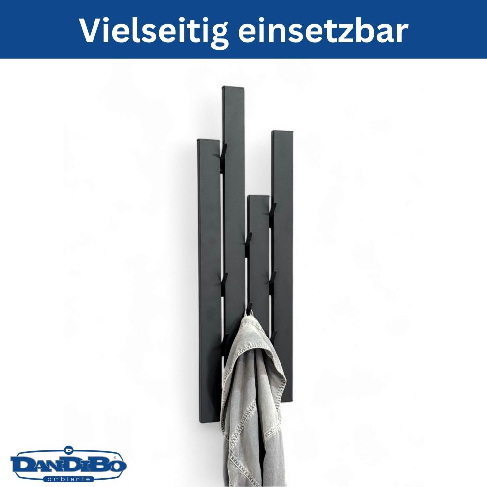 DanDiBo Garderobe Wand Schwarz Metall 96642 Wandgarderobe mit 8 Haken Schmal Flurgarderobe Modern Hakenleiste Garderobenhaken