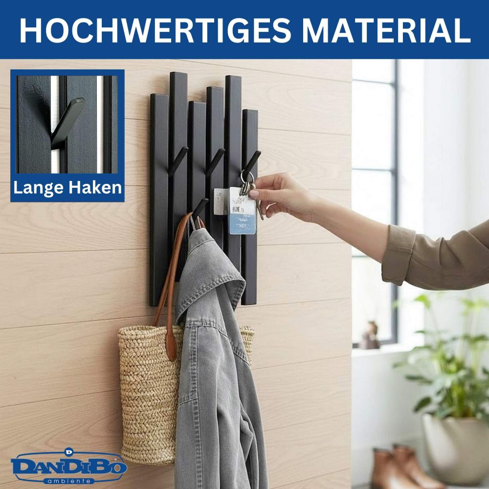 DanDiBo Garderobe Wand Schwarz Metall 96739 Wandgarderobe mit 5 Haken Schmal Garderobenpaneel Flurgarderobe Modern Hakenleiste Garderobenhaken