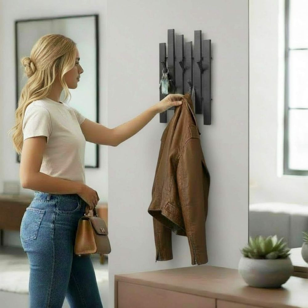 DanDiBo Garderobe Wand Schwarz Metall 96739 Wandgarderobe mit 5 Haken Schmal Garderobenpaneel Flurgarderobe Modern Hakenleiste Garderobenhaken