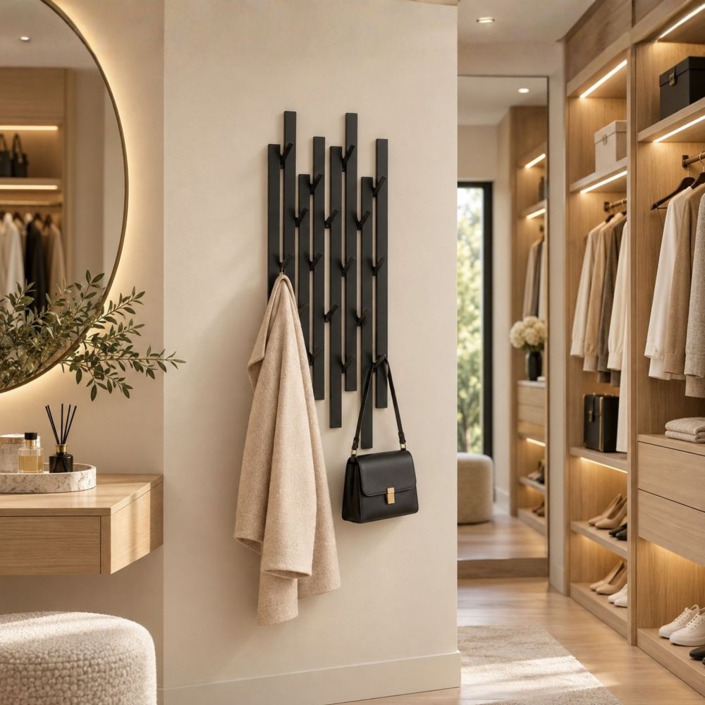 DanDiBo Garderobe Wand Schwarz Metall 96612 / 96782 Wandgarderobe mit 18 Haken Schmal Flurgarderobe Modern Hakenleiste Garderobenhaken