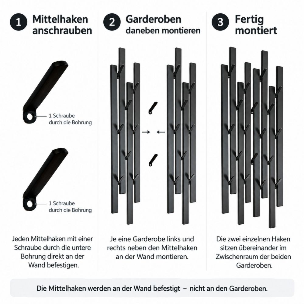 DanDiBo Garderobe Wand Schwarz Metall 96612 / 96782 Wandgarderobe mit 18 Haken Schmal Flurgarderobe Modern Hakenleiste Garderobenhaken