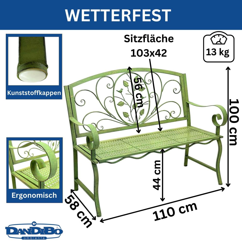 DanDiBo Gartenbank Wetterfest 2 Sitzer Metall Grün 110 cm 96593 Sitzbank Eisen Bank Garten Antik Parkbank