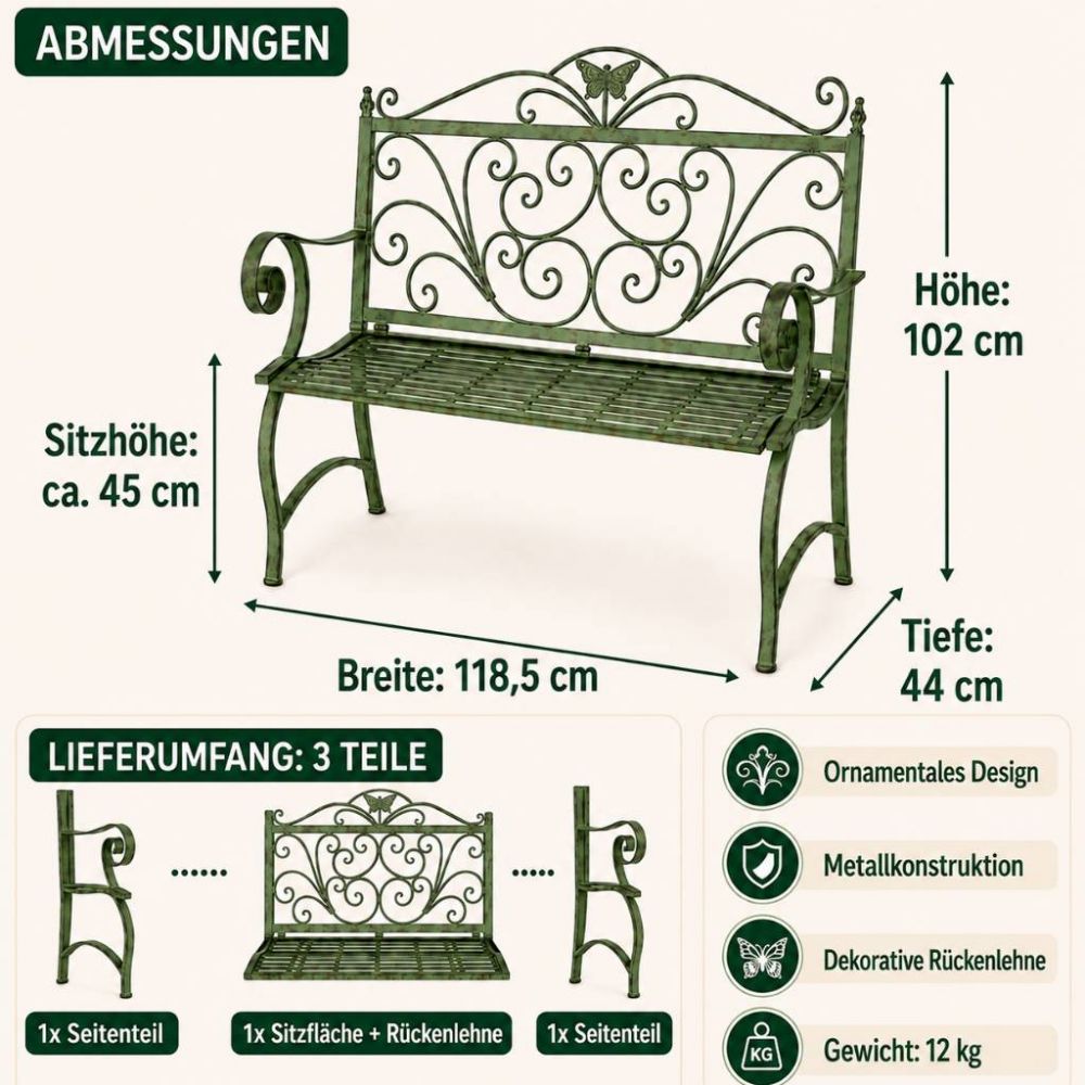 DanDiBo Panchina da Giardino Resistente alle Intemperie Metallo 2 Posti Panchina da Esterno 120 cm Patina Verde 96021 Panchina da Balcone Panchina da Parco Panchina da Giardino
