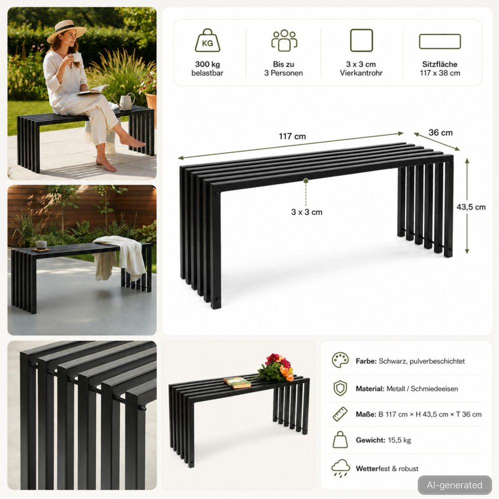 DanDiBo Weatherproof Metal Outdoor Garden Bench Black 96205 Ela 120 cm Seating Bench Garden Bench Park Bench Iron