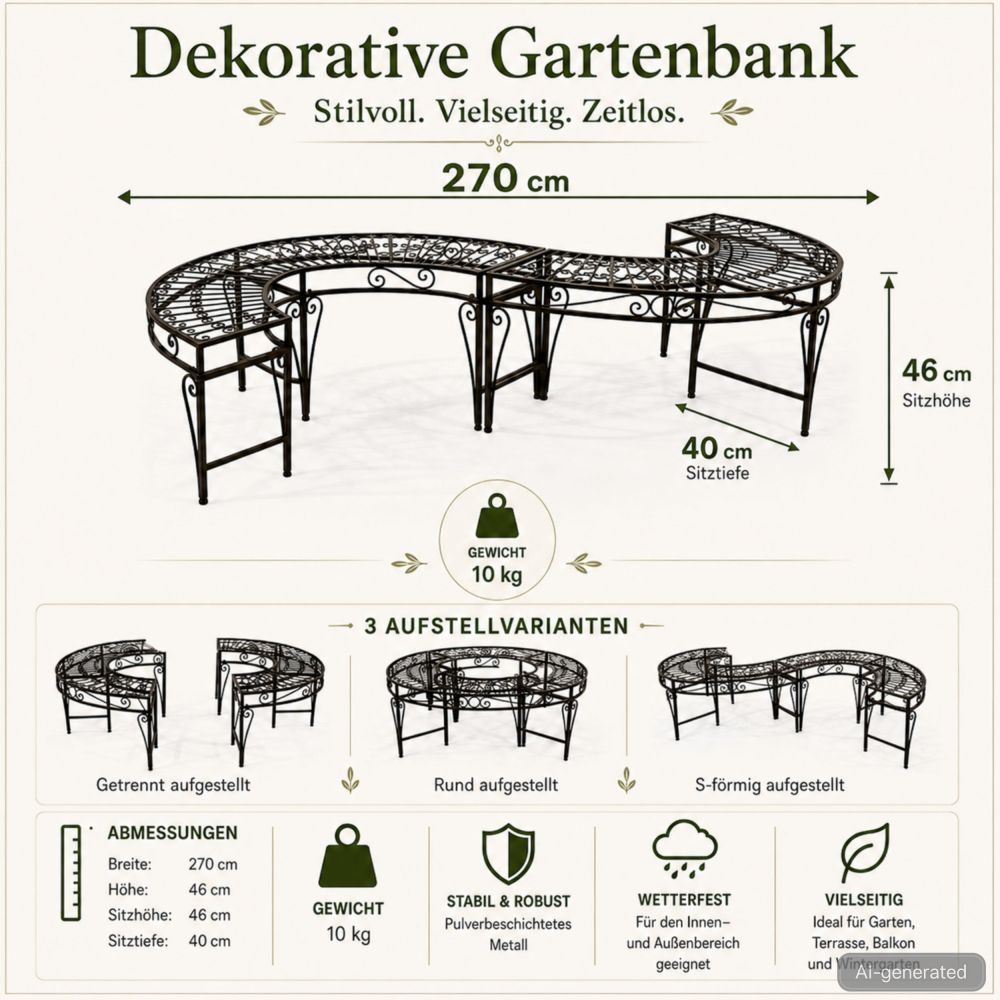 DanDiBo Gartenbank Wetterfest Metall S-Form Braun 96766 Sitzbank Garten Bank Parkbank Eisen