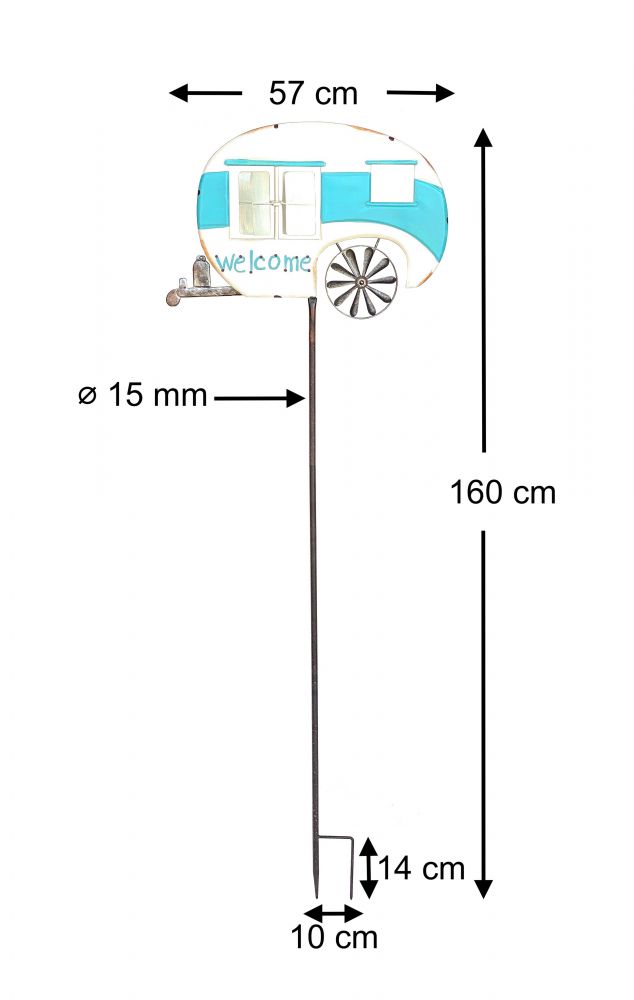 DanDiBo Gartenstecker Metall Wohnwagen XL 160 cm Blau Weiß Caravan 96103 Windspiel Windrad Wetterfest Gartendeko Gartenstab Bodenstecker