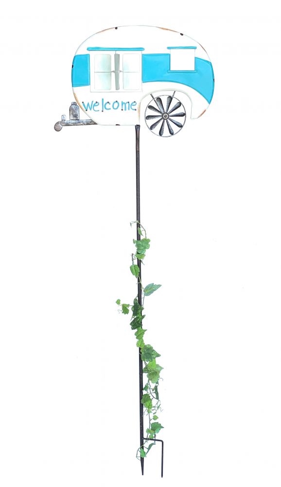 DanDiBo Gartenstecker Metall Wohnwagen XL 160 cm Blau Weiß Caravan 96103 Windspiel Windrad Wetterfest Gartendeko Gartenstab Bodenstecker