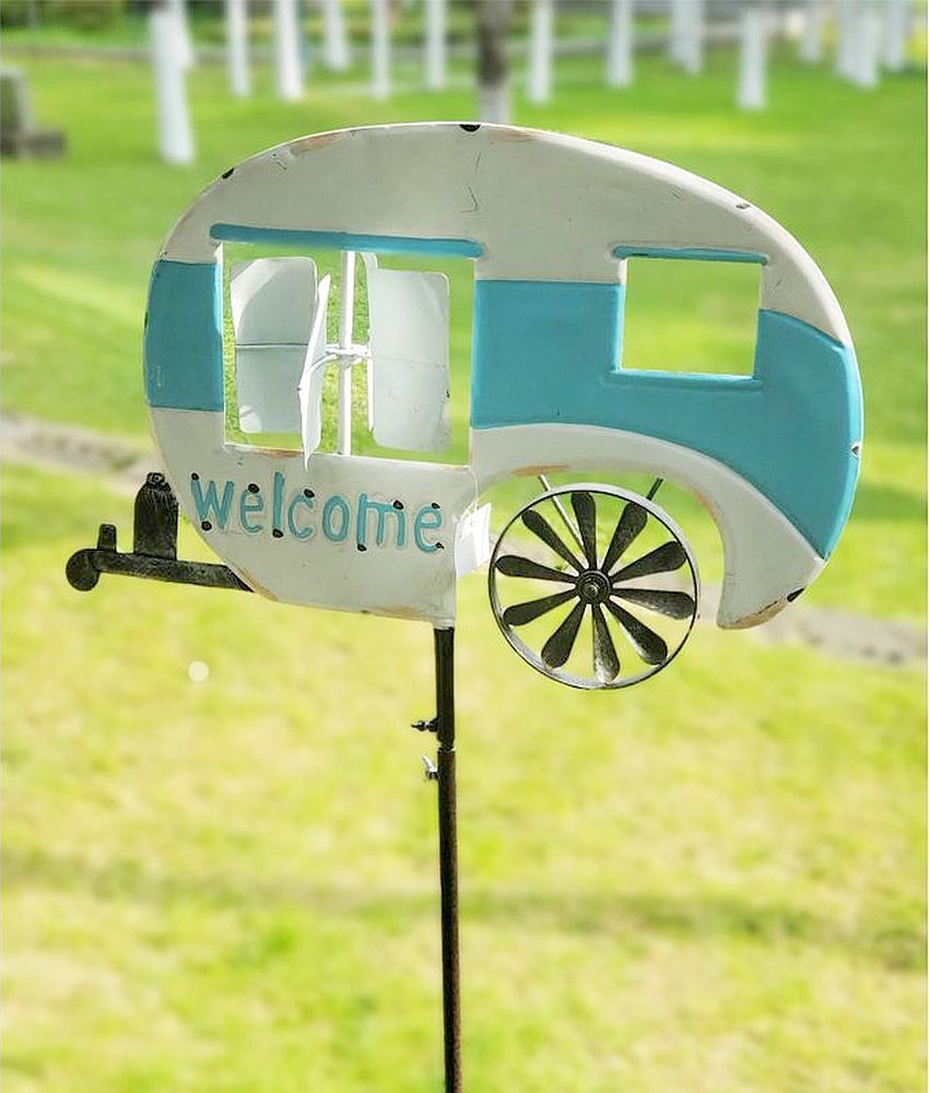 DanDiBo Gartenstecker Metall Wohnwagen XL 160 cm Blau Weiß Caravan 96103 Windspiel Windrad Wetterfest Gartendeko Gartenstab Bodenstecker