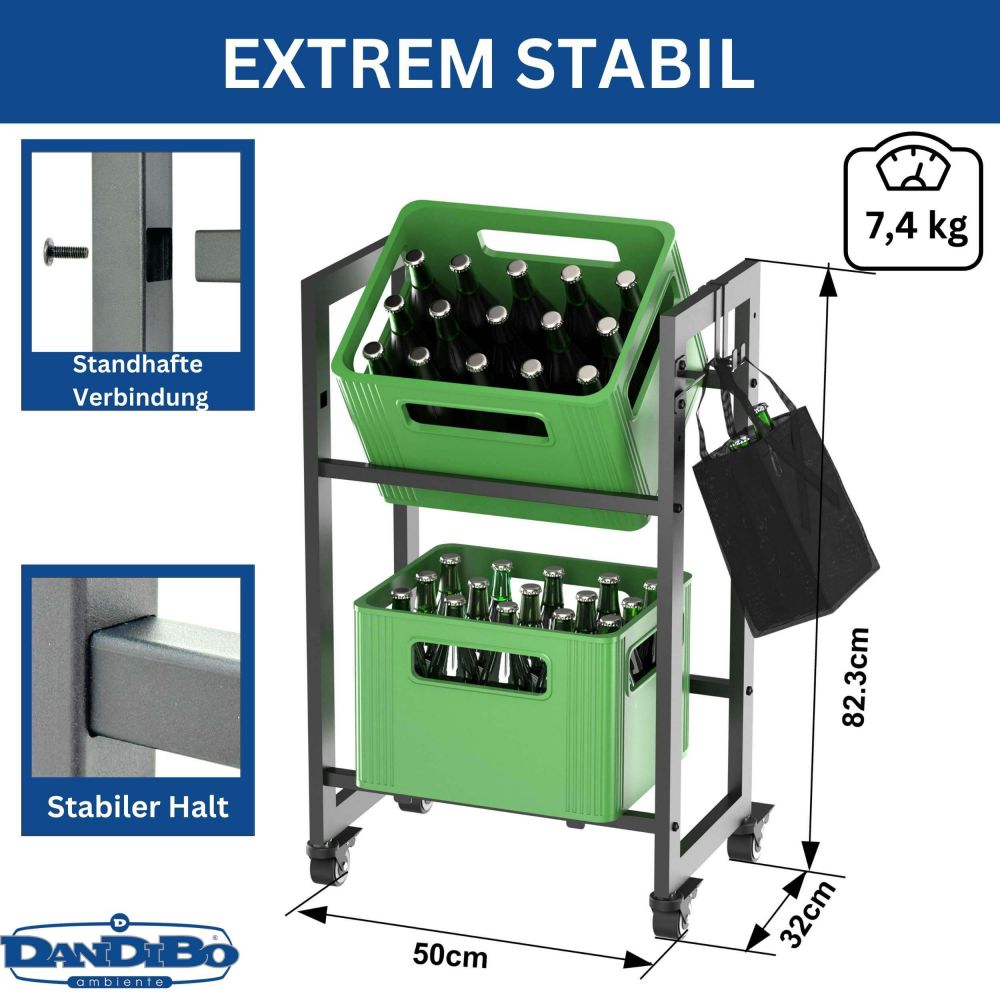 DanDiBo crate rack 2 beverage crates with grid hooks castors slim metal black 96649 beverage rack crate shelf drink storage container