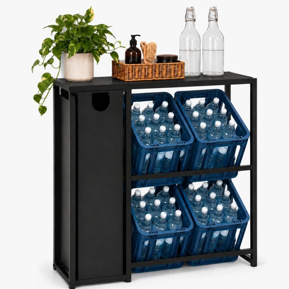 DanDiBo Bottle Crate Rack for 4 Crates with Shelf Deposit Bottle Container 2 in 1 Black Metal 96647 Beverage Rack Storage Container, Crate Holder Drinks Shelf