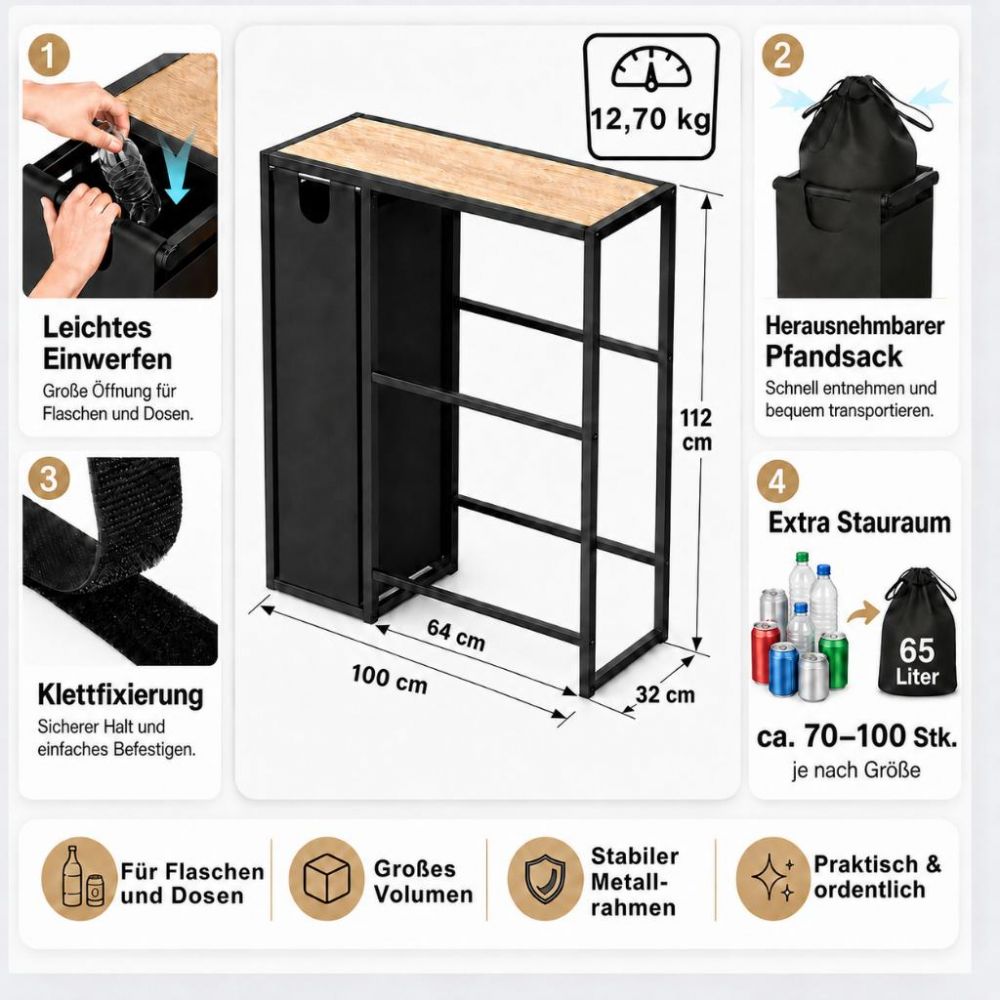 DanDiBo Getränkekistenregal 4 Kisten mit Ablage Pfandflaschen Sammelbehälter 2 in 1 Metall Schwarz 96703 Getränkeregal Behälter Kistenregal Getränkekistenhalter Getränke Regal