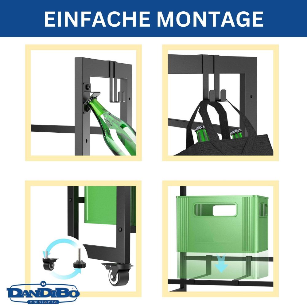 DanDiBo beverage crate rack for 4 crates with grid hooks wheels metal black 96650 beverage rack crate shelf