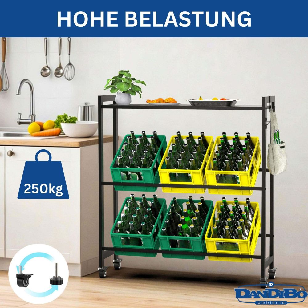 DanDiBo Bottle Crate Rack 6 Crates with Shelf Wheels Hooks Metal Black 96653 Beverage Rack Crate Rack Drinks Shelf Container