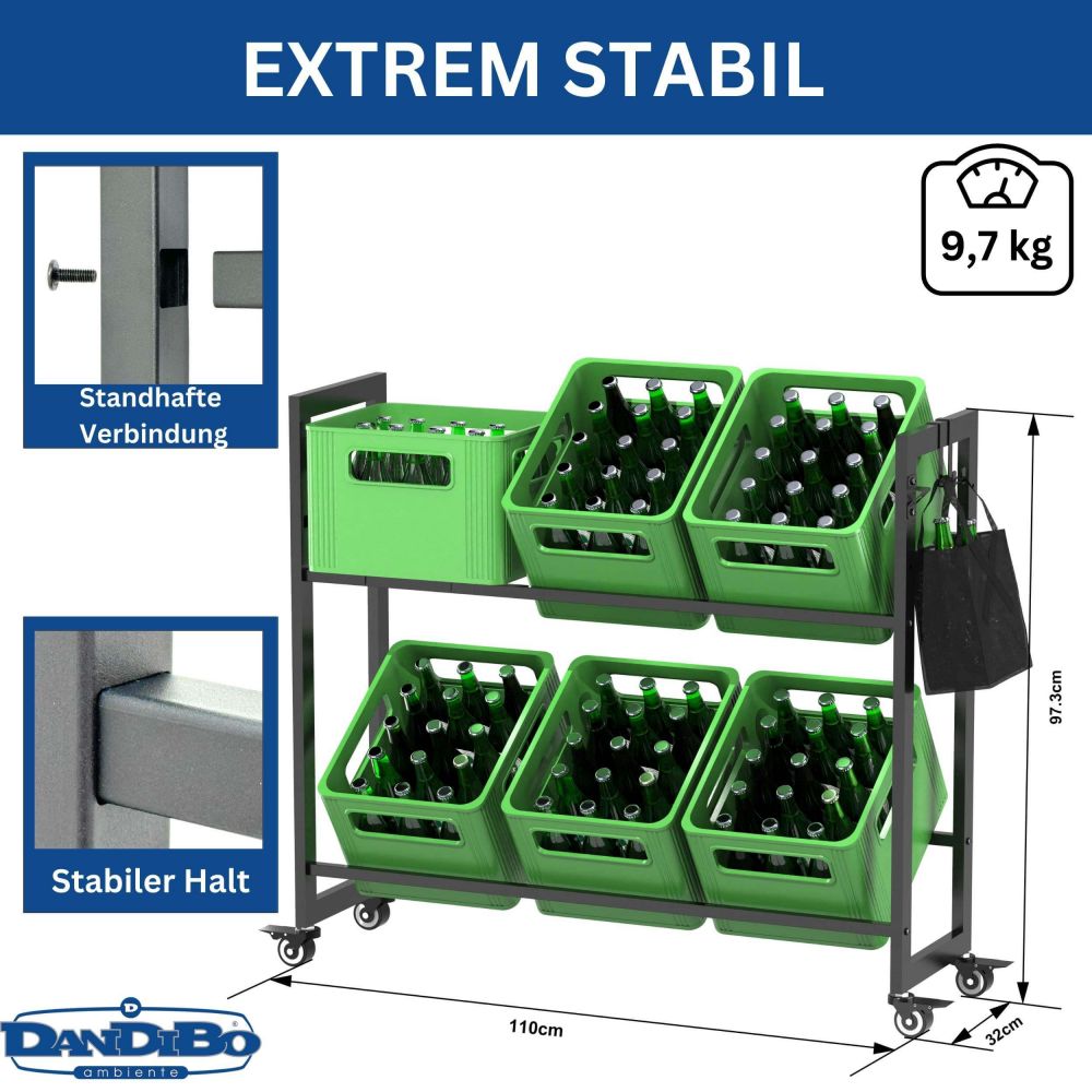 DanDiBo Bottle Crate Rack for 6 Crates with Grid Hooks Wheels Metal Black 96652 Beverage Rack Storage Organizer