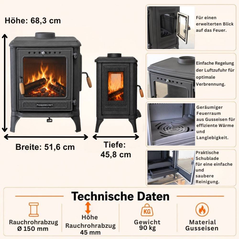 Hosseven Kaminofen Holzofen Wohnzimmer Holzkamin 8005CK Panorama 3 Seiten Glas 7 kW Holz Ofen Kamin Heizofen Schwedenofen Mehrfachbelegung