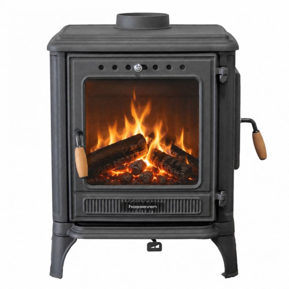 Hosseven Kaminofen Holzofen Wohnzimmer Holzkamin 8005CK Panorama 3 Seiten Glas 7 kW Holz Ofen Kamin Heizofen Schwedenofen Mehrfachbelegung