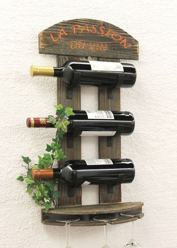 Weinregal - Wandregal mit Platz für 3 Weinflaschen und 3 Weingläser