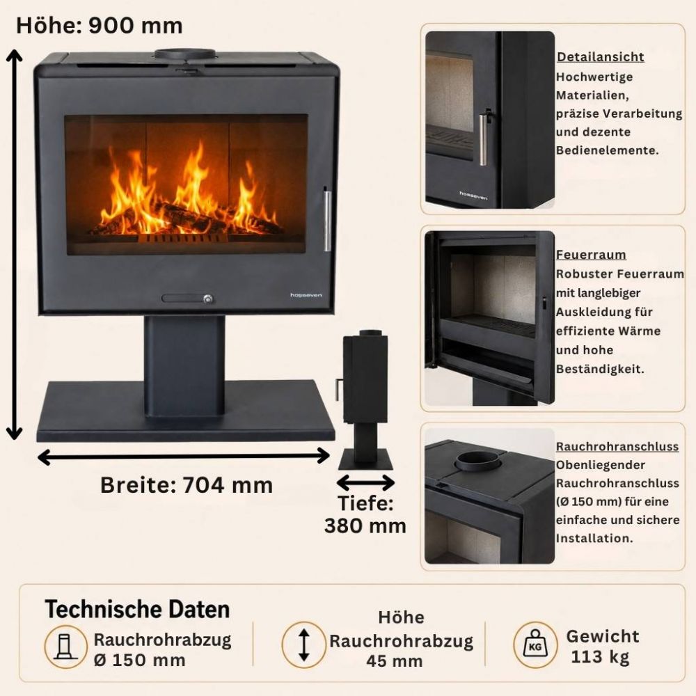 Hosseven Fireplace Stove Wood Burning Stove Living Room Wood Fireplace 10 kW 5070 Wood Stove Heating Stove Swedish Stove Multiple Chimney Connection
