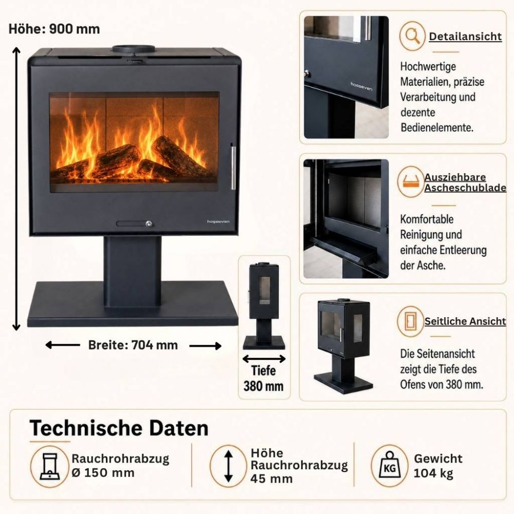 Hosseven Kaminofen Holzofen Wohnzimmer Holzkamin 5071 Panorama 3 Seiten Glas 10 kW Holz Ofen Kamin Heizofen Schwedenofen Mehrfachbelegung