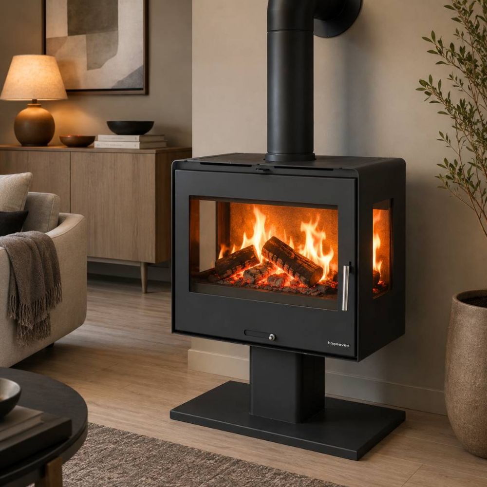 Hosseven Kaminofen Holzofen Wohnzimmer Holzkamin 5071 Panorama 3 Seiten Glas 10 kW Holz Ofen Kamin Heizofen Schwedenofen Mehrfachbelegung