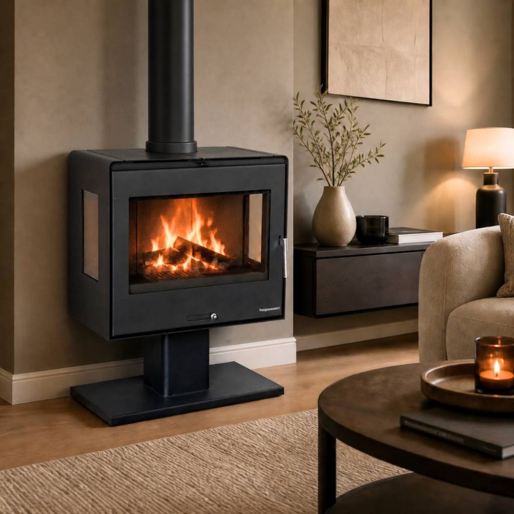 Hosseven Kaminofen Holzofen Wohnzimmer Holzkamin 5071 Panorama 3 Seiten Glas 10 kW Holz Ofen Kamin Heizofen Schwedenofen Mehrfachbelegung