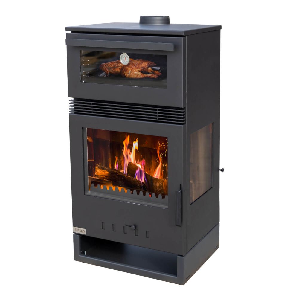 Kaminofen mit Backfach Panoramakamin Dreiseitig Glas 3 Scheiben Teba TKS 15 Verglast 3 Seiten Holzofen 12,8 kW Kamin Ofen Holz Holzherd Küchenofen
