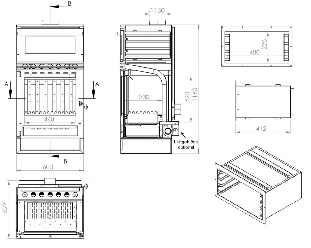 EEK A+ Wood-burning stove with baking compartment Panoramic fireplace Three-sided glass 3 panes Teba TKS 15 Glazed 3 sides Wood-burning stove 12.8 kW Fireplace Stove Wood-burning cooker Kitchen stove