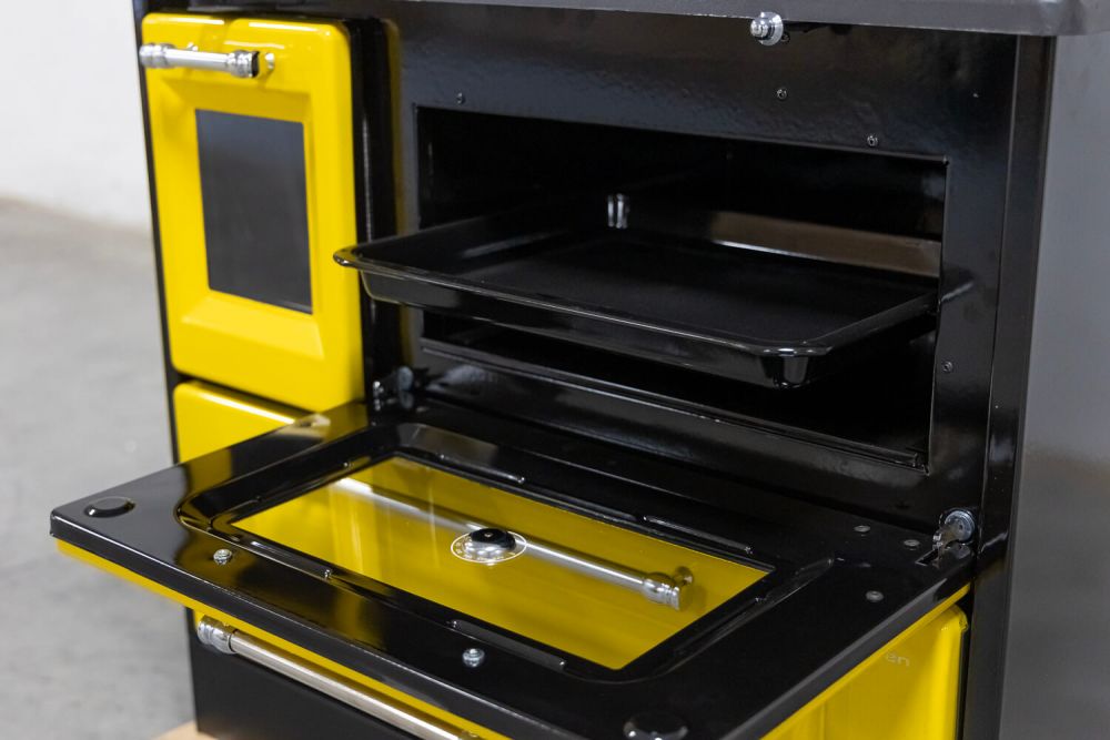 Hosseven Kaminofen mit Backfach und Herdplatte 4012 Gelb Holzofen 8 kW Holz Ofen Mehrfachbelegung Kamin Heizofen Küchenherd