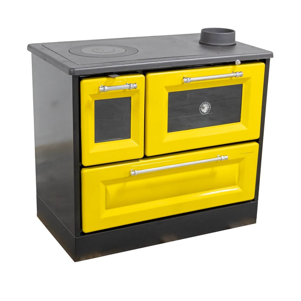 Hosseven Kaminofen mit Backfach und Herdplatte 4012 Gelb Holzofen 8 kW Holz Ofen Mehrfachbelegung Kamin Heizofen Küchenherd