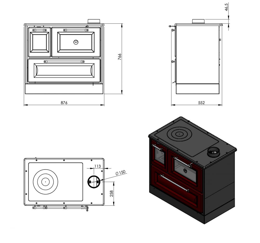 Hosseven Kaminofen mit Backfach und Herdplatte 4012 Grau Holzofen 8 kW Holz Ofen Mehrfachbelegung Kamin Heizofen Küchenherd