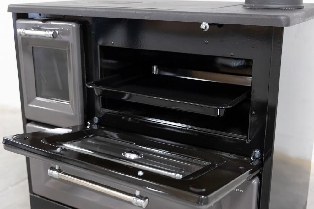 Hosseven Kaminofen mit Backfach und Herdplatte 4012 Grau Holzofen 8 kW Holz Ofen Mehrfachbelegung Kamin Heizofen Küchenherd