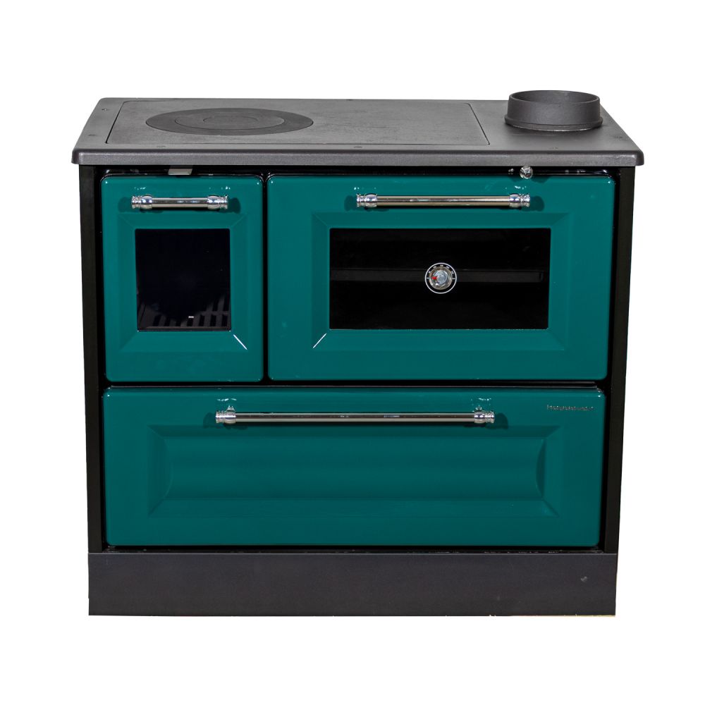 Hosseven Kaminofen mit Backfach und Herdplatte 4012 Grün Holzofen 8 kW Holz Ofen Mehrfachbelegung Kamin Heizofen Küchenherd