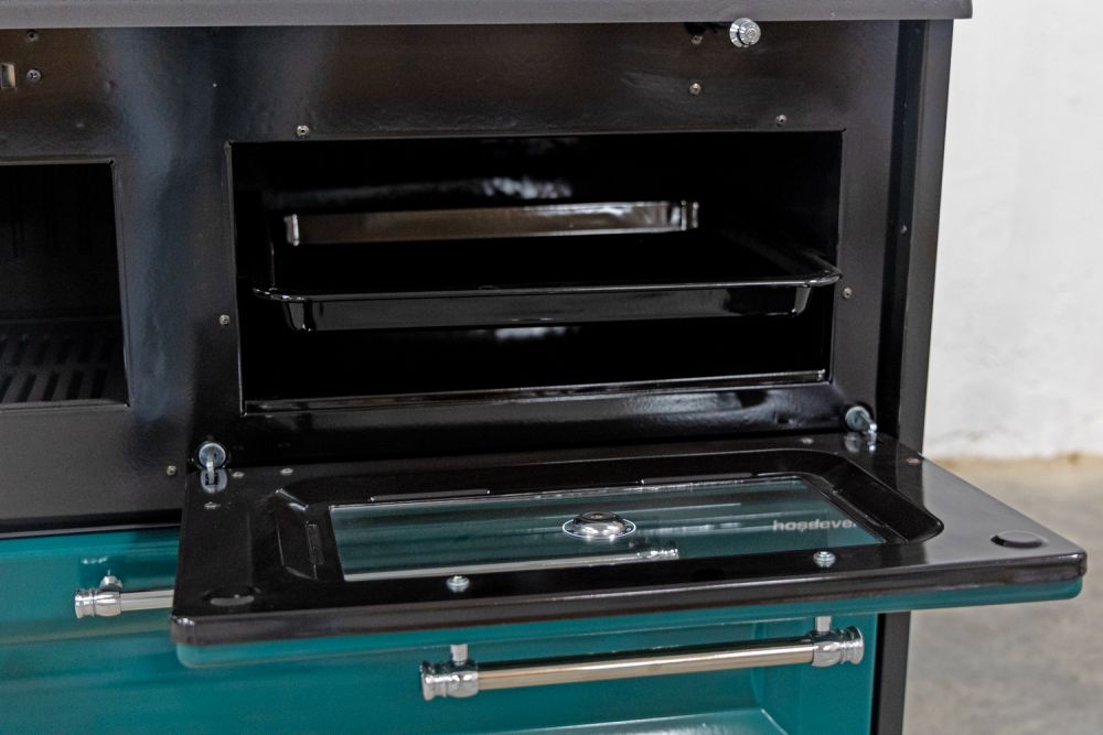 Hosseven Kaminofen mit Backfach und Herdplatte 4012 Grün Holzofen 8 kW Holz Ofen Mehrfachbelegung Kamin Heizofen Küchenherd