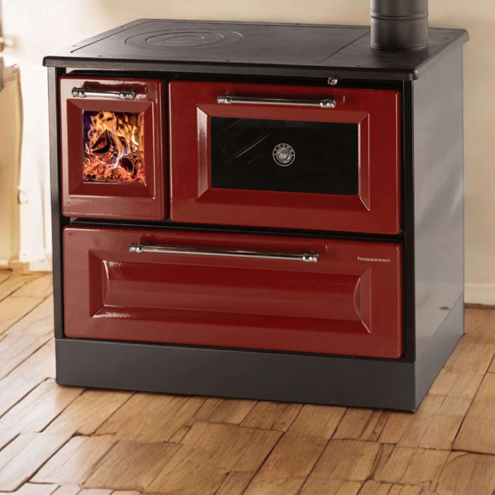 Hosseven Kaminofen mit Backfach und Herdplatte 4012 Rot Holzofen 8 kW Holz Ofen Mehrfachbelegung Kamin Heizofen Küchenherd