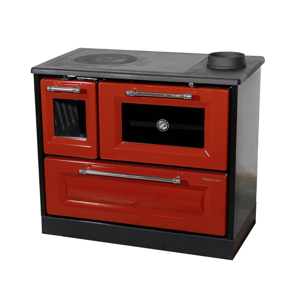 Hosseven Kaminofen mit Backfach und Herdplatte 4012 Rot Holzofen 8 kW Holz Ofen Mehrfachbelegung Kamin Heizofen Küchenherd