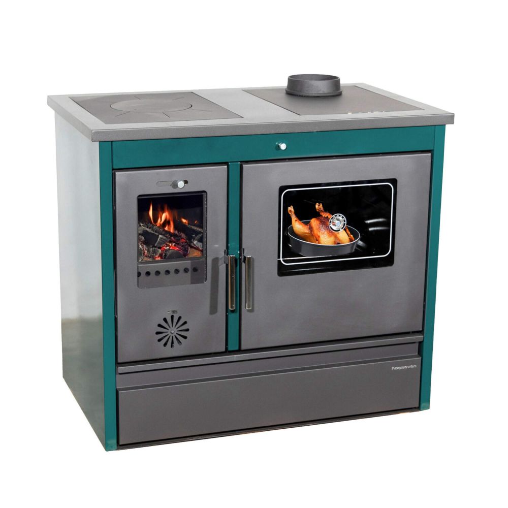 Kaminofen mit Backfach und Herdplatte 4050 Lotus Classic Grün Holzofen 11 kW Holz Ofen Mehrfachbelegung Kamin Heizofen Küchenherd