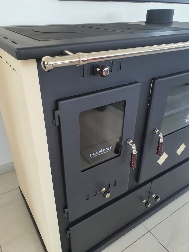 EEK A+ wood-burning stove with baking compartment and hob Pracktik Lux Beige wood-burning stove 9.5 kW wood-burning stove Stove for permanent firing Workshop stove Swedish stove Cabin stove Heating stove