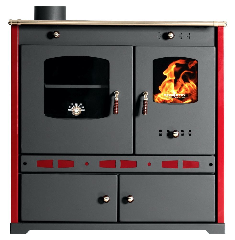 EEK A+ Wood-burning stove with baking compartment and hob Perfect Eco Lux Red Left Wood-burning stove 7 kW Fireplace Stove Wood Workshop stove Cottage stove Heating stove Garden stove