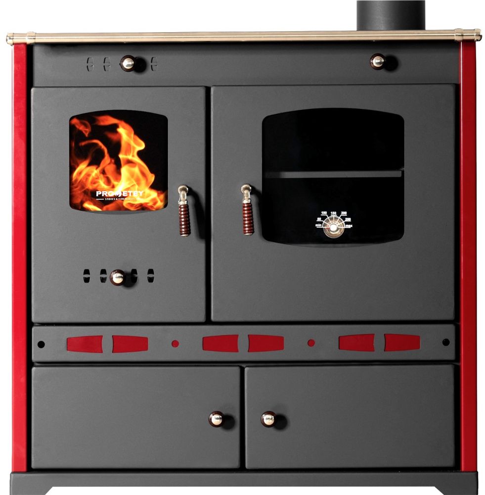 Kaminofen mit Backfach und Herdplatte Perfect Eco Lux Rot Rechts Holzofen 7 kW Kamin Ofen Holz Werkstattofen Hüttenofen Heizofen Gartenofen