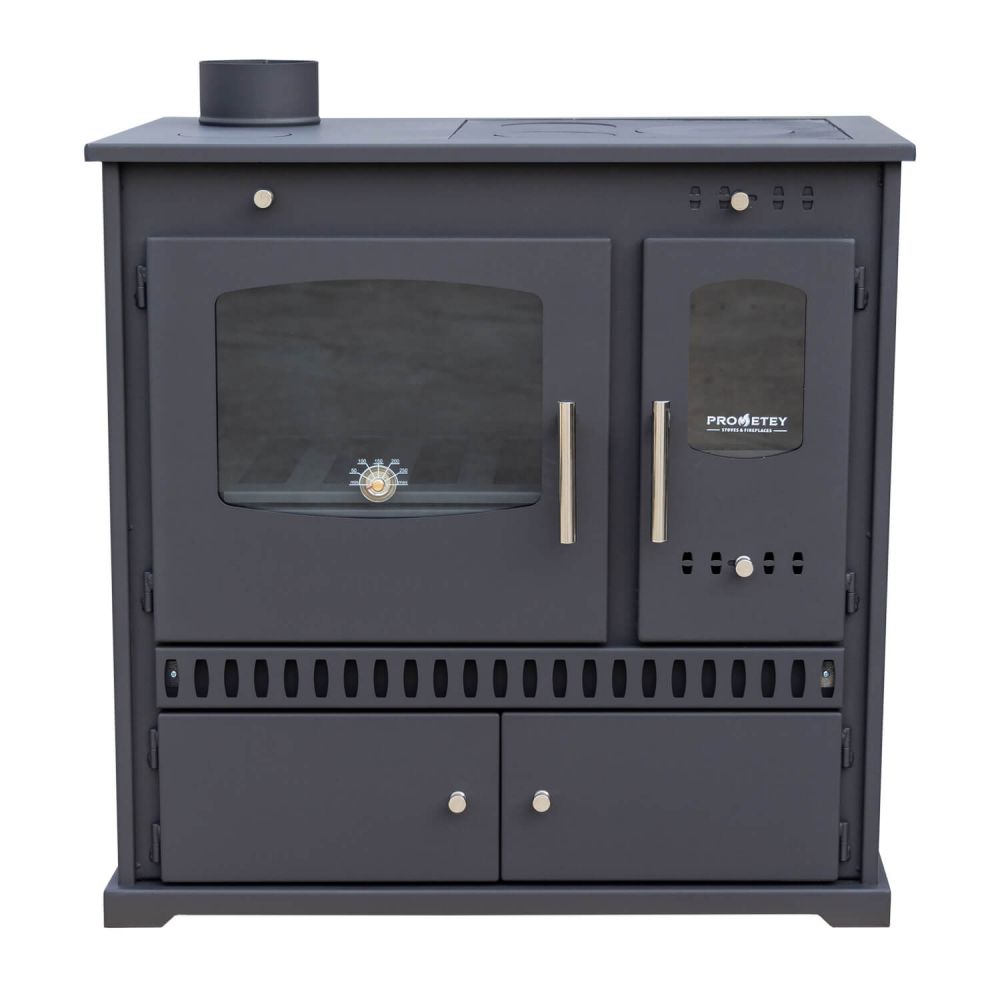 Kaminofen mit Backfach und Herdplatte Perfect Eco Schwarz Links Holzofen 7 kW Kamin Ofen Holz Werkstattofen Hüttenofen Heizofen Gartenofen